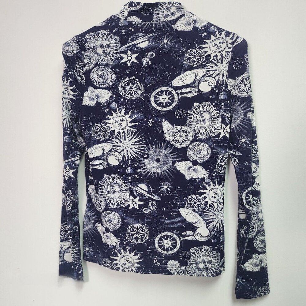 Foray Golf Womens Printed Mock Neck Long Sleeve Shirt Medium Navy/White Stretch